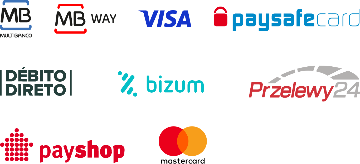 Multibanco, Mb Way, VISA, PaysafeCard, D�bito Direto, Bizum, Przelewy24, PayShop, MasterCard